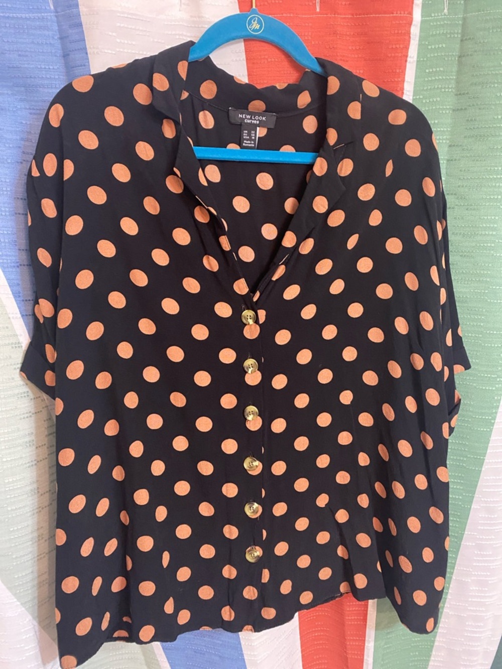 New Look Black Blouse with Orange Polka Dots - Button Front